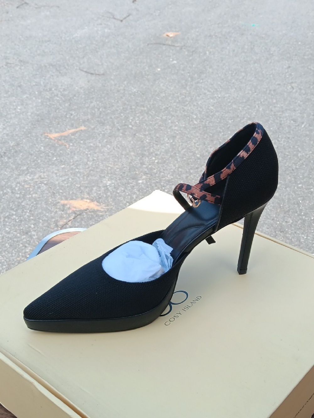 Black Pointed-Toe Stiletto Pump with Leopard-Print Strap